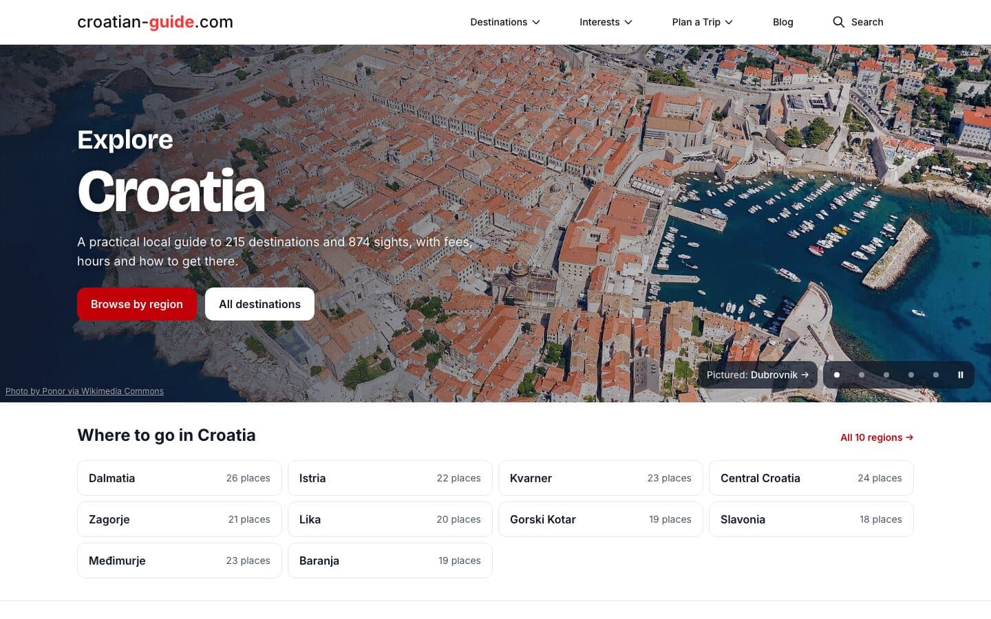 croatian-guide.com nakon redizajna - naslovni prizor Explore Croatia nad Dubrovnikom iz zraka, s regijama i brojem mjesta ispod