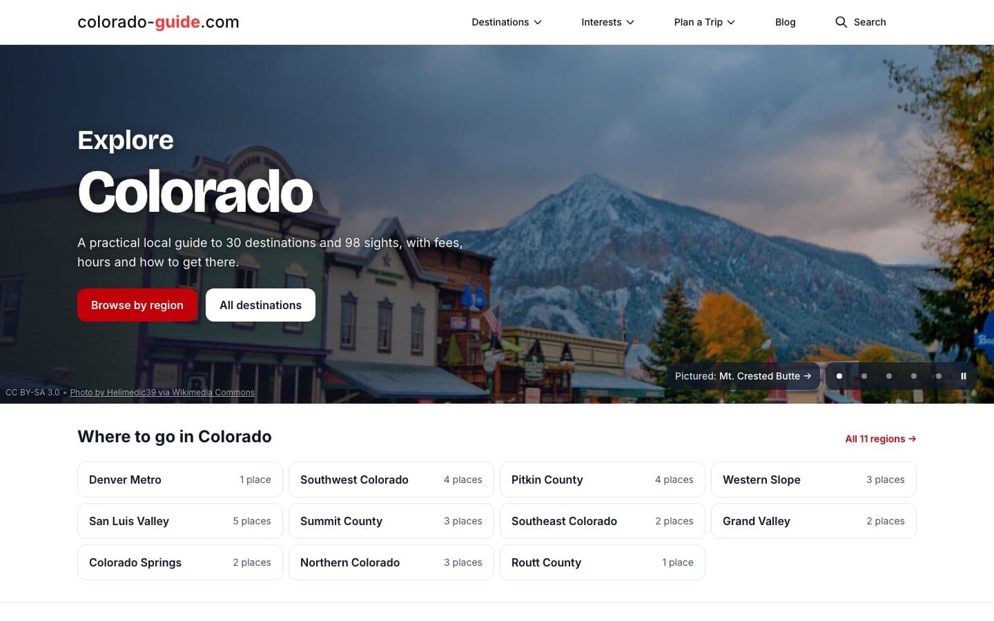 colorado-guide.com - ista platforma na američkoj saveznoj državi, naslovni prizor nad Mt. Crested Butteom