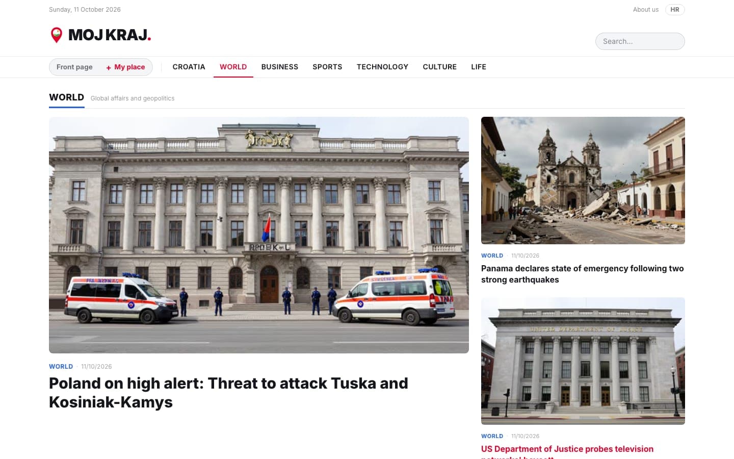 The World section in MOJ KRAJ.'s English mirror - a calm, content-first front page