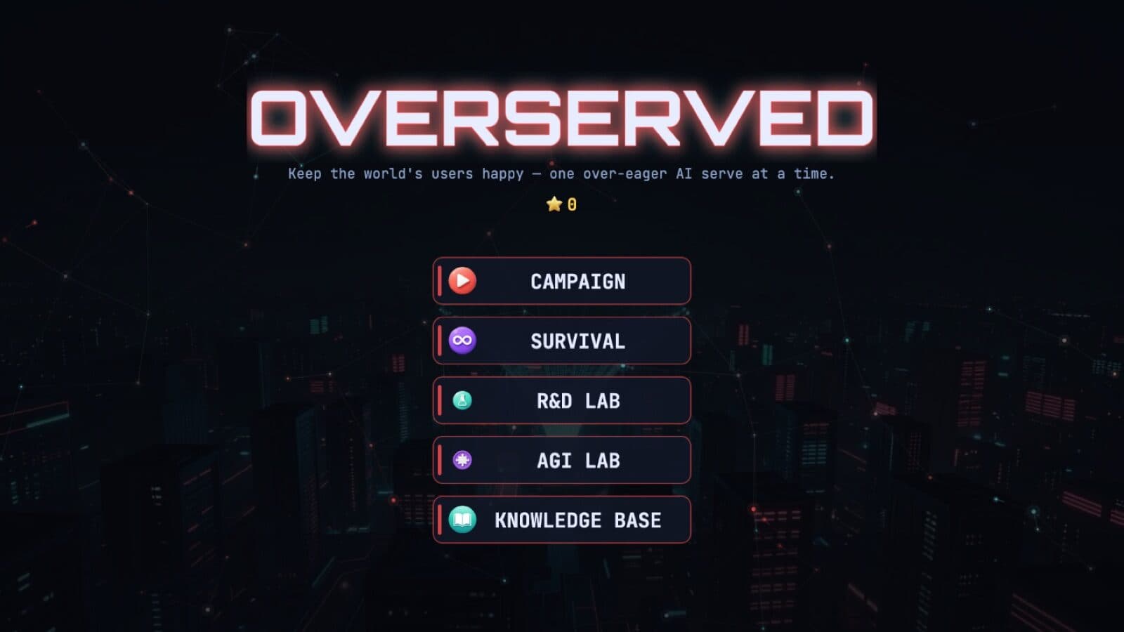 Overserved main menu showing campaign, survival, R&D lab, AGI lab and knowledge base modes