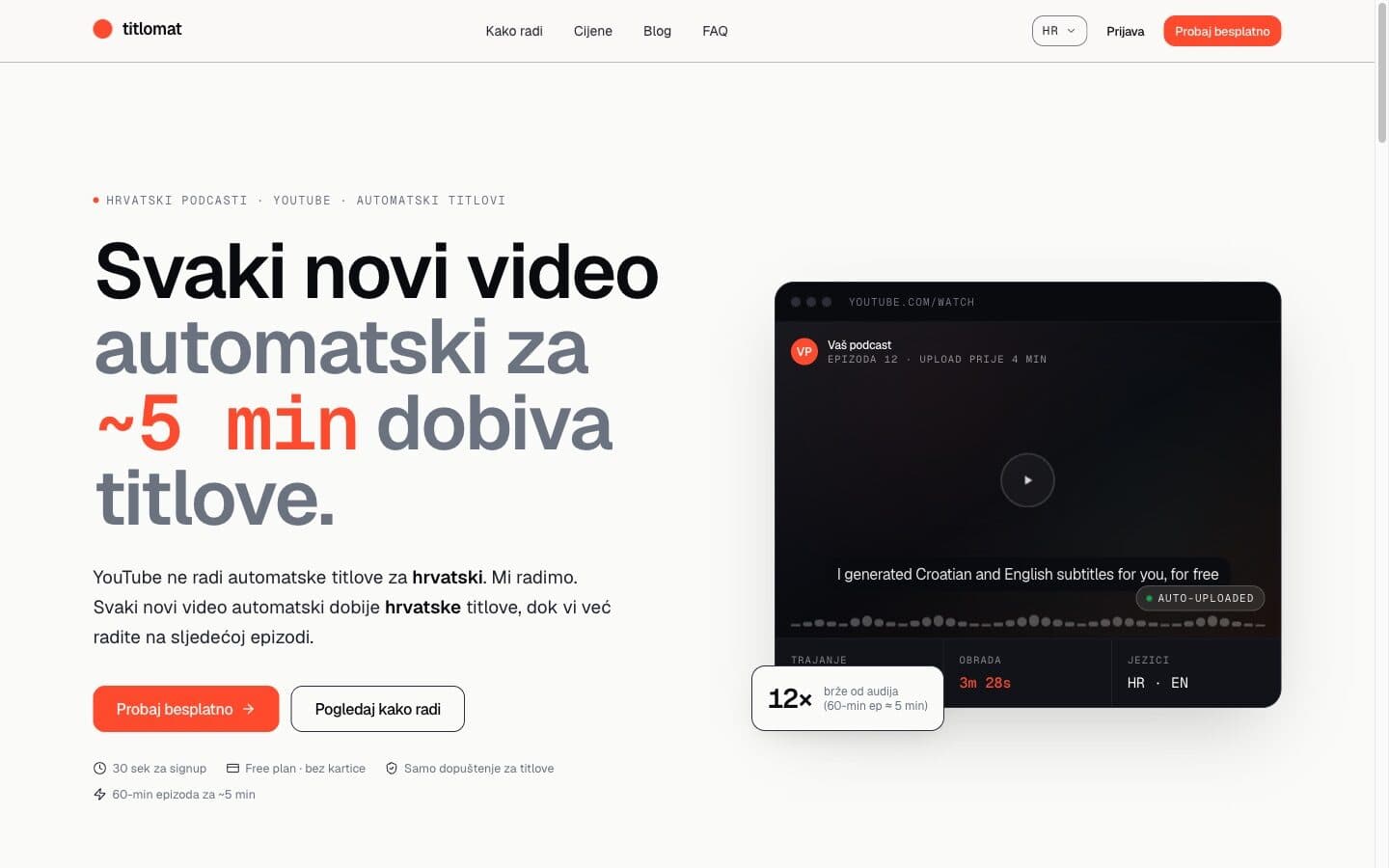 Titlomat landing page - automatic Croatian and English subtitles for YouTube