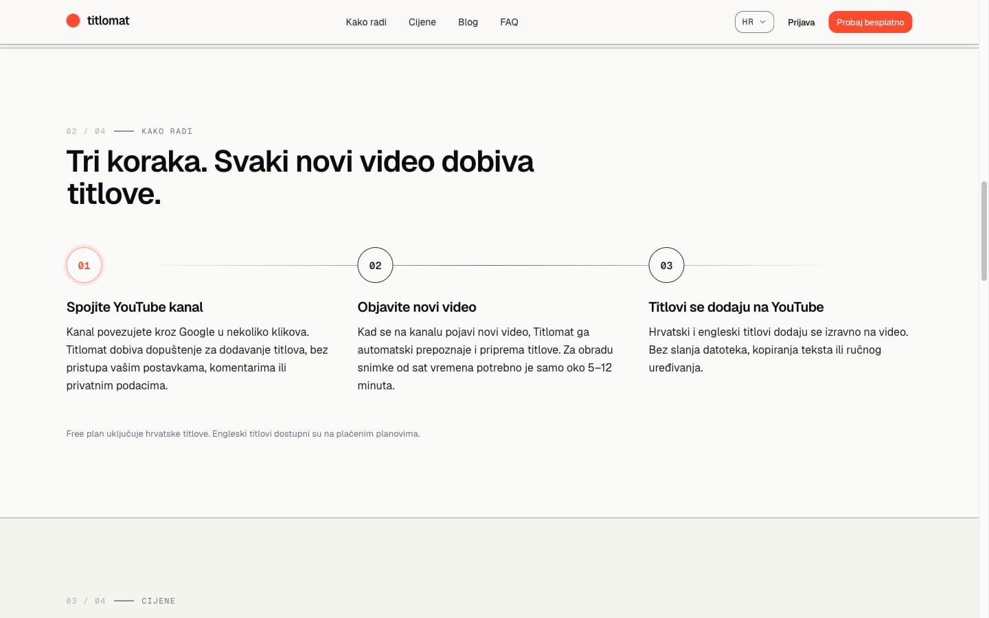 Titlomat's three-step flow: connect the channel, publish a video, subtitles are added on YouTube