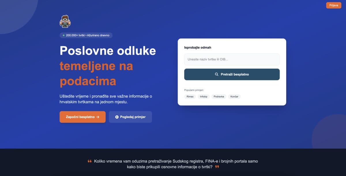 Tvrtko.ai business intelligence platform showing company search and financial data analysis
