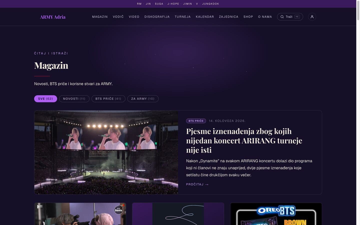 The Magazin section - an editorial grid of original Croatian BTS articles with category filters