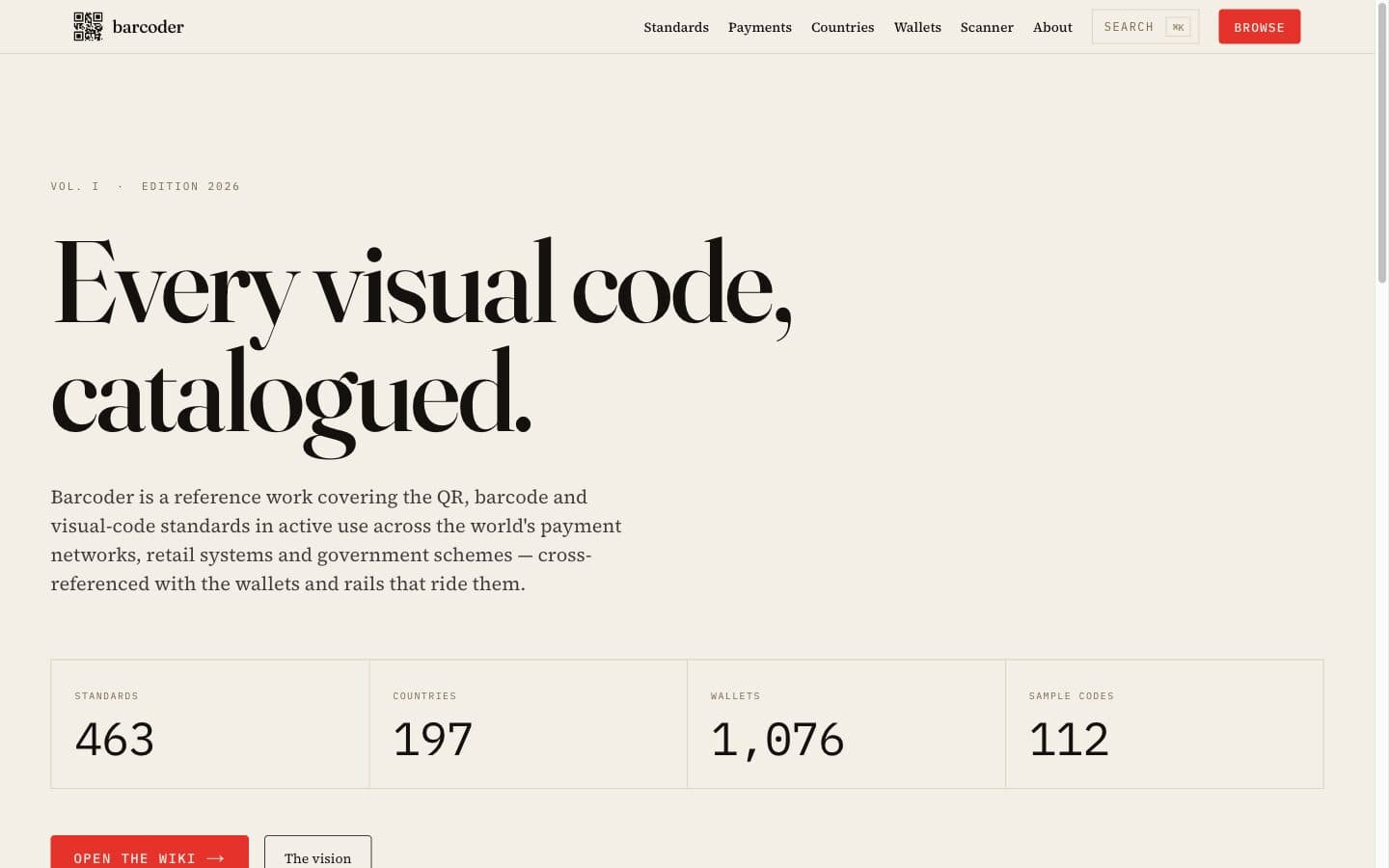 Barcoder landing page showing the catalogue counts: 463 standards, 197 countries, 1,076 wallets and 112 sample codes