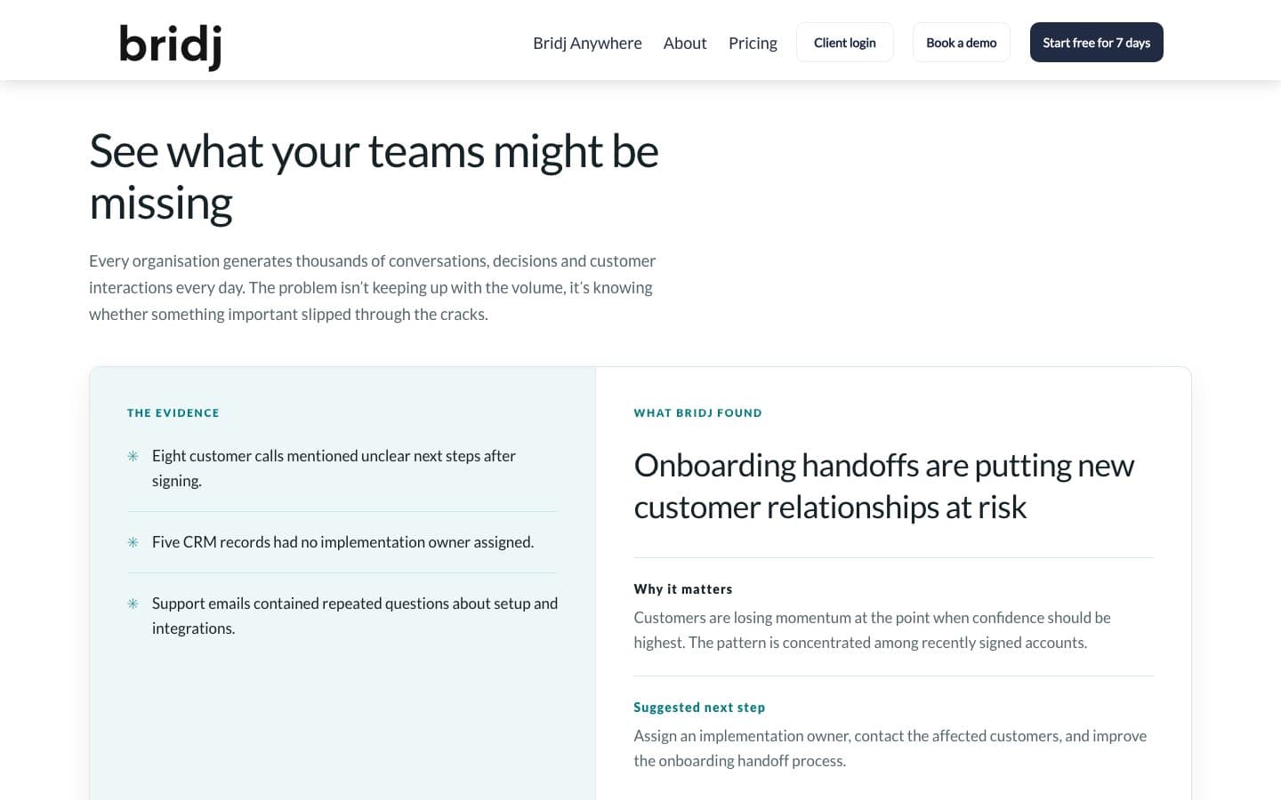 Bridj's site - an illustrative insight: onboarding handoffs putting new customer relationships at risk, with the evidence behind it
