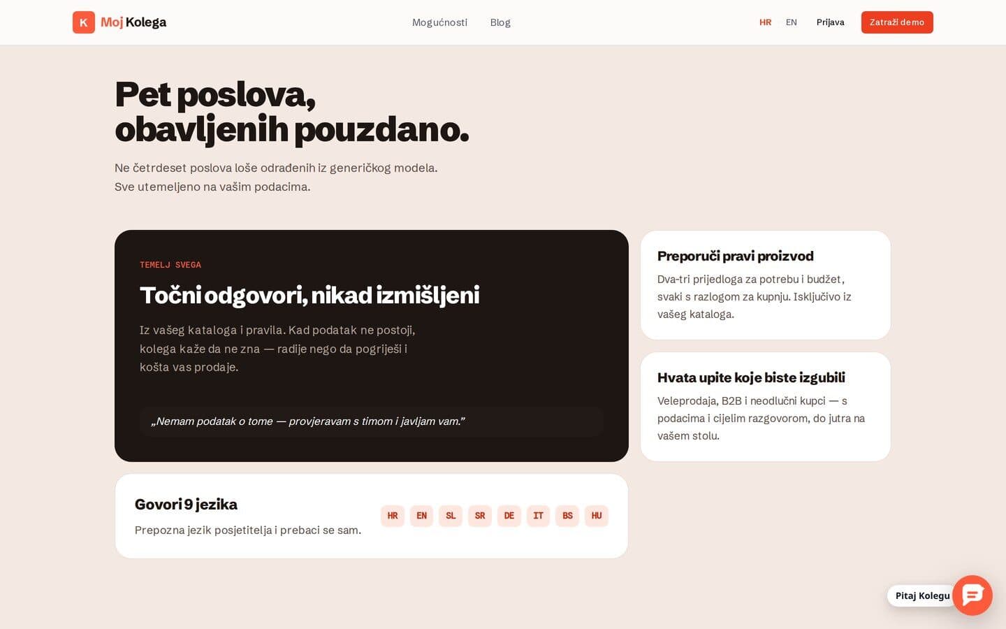 Pet poslova koje Moj Kolega obavlja - utemeljeni odgovori, preporuke, prikupljanje upita i pet jezika, sve iz podataka same trgovine