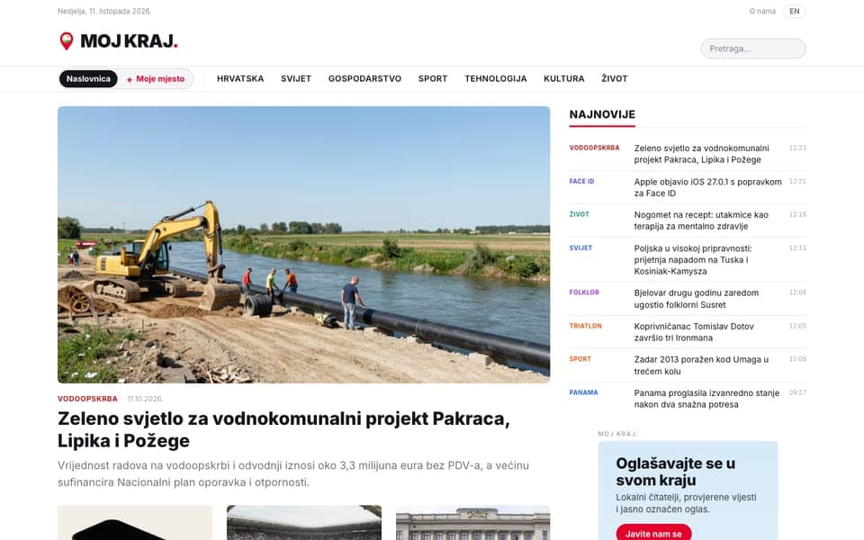 MOJ KRAJ.'s national front page: a calm, content-first news layout