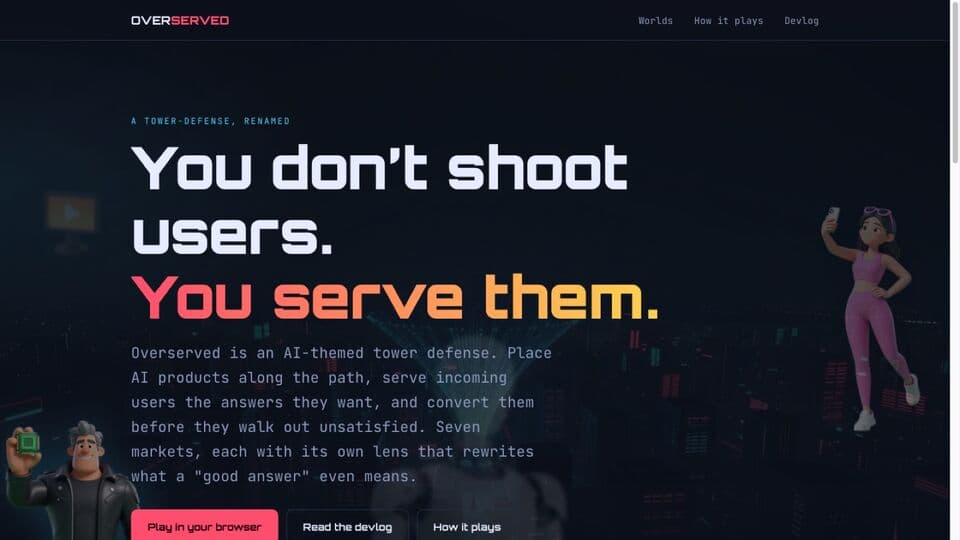 Overserved's title screen: a satirical tower defence game about serving users
