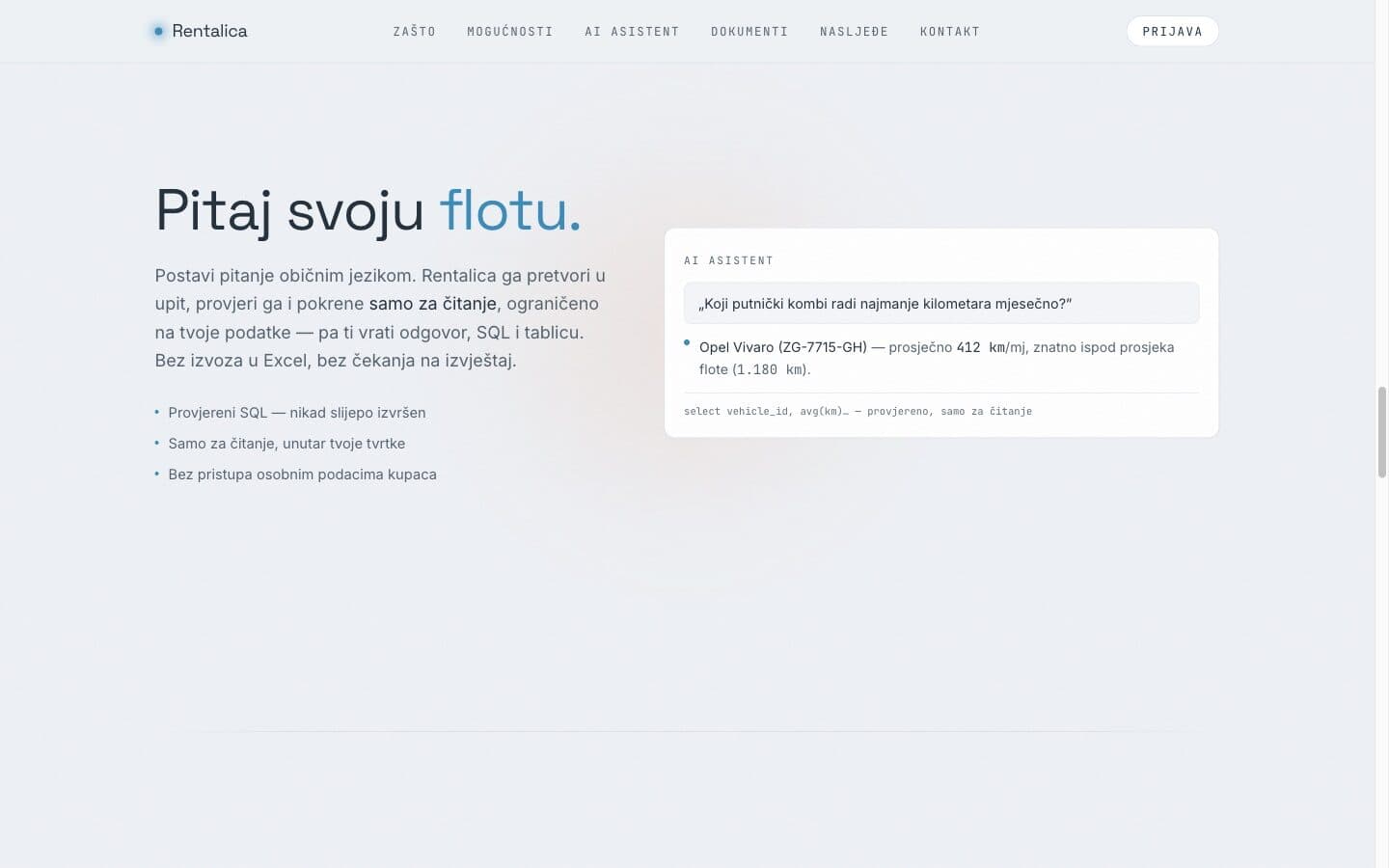 AI asistent Rentalice odgovara na pitanje o voznom parku na hrvatskom, uz prikazan provjereni SQL upit samo za čitanje