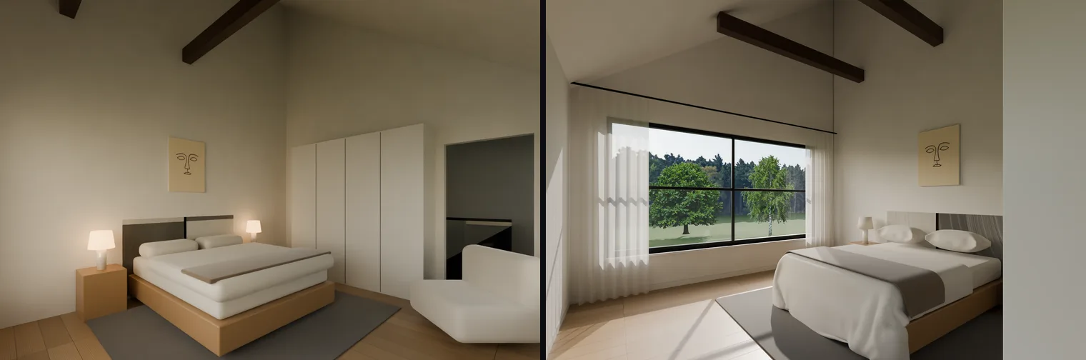 Left: an early bedroom render where the pillows look like bolsters and the duvet like a second mattress. Right: the final bedroom with draped bedding, soft pillows and sheer curtains glowing against the window