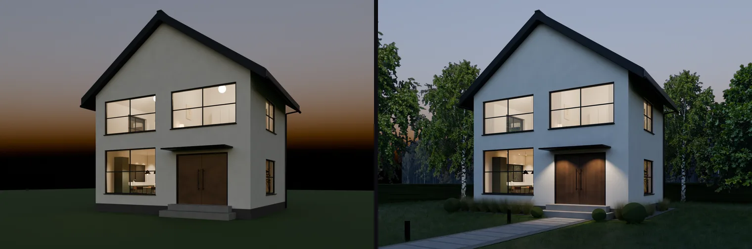 Left: an early blue-hour test with a black horizon and a glowing white ball visible in an upstairs window. Right: the final blue-hour render with warm lit windows, a lit entrance, trees and a dusk sky