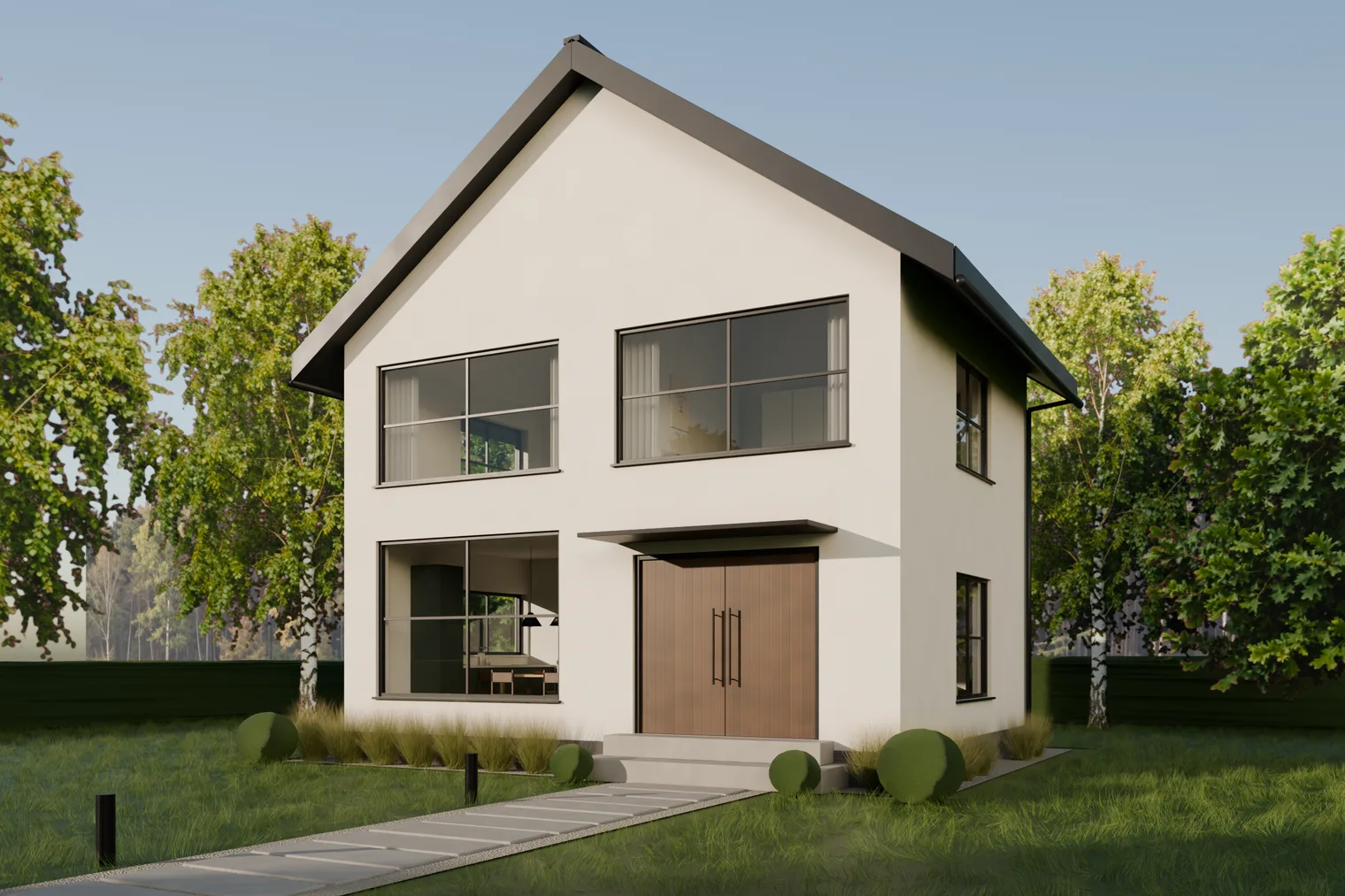 Golden-hour render of a white two-storey gabled house with a dark standing-seam roof, black window frames, an oak double door, birches and a paved path across the lawn