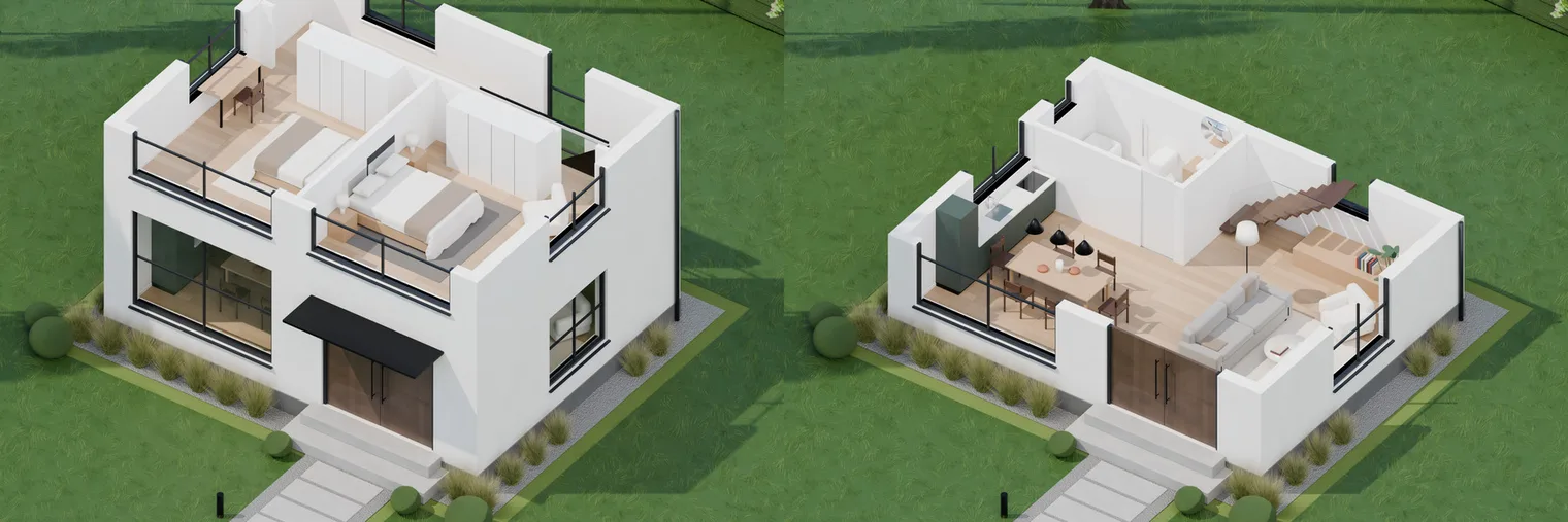 Two axonometric cutaway renders of the house from above: the upper floor sliced at 5.3 m showing two bedrooms, and the ground floor sliced at 2.5 m showing kitchen, dining, living and stair