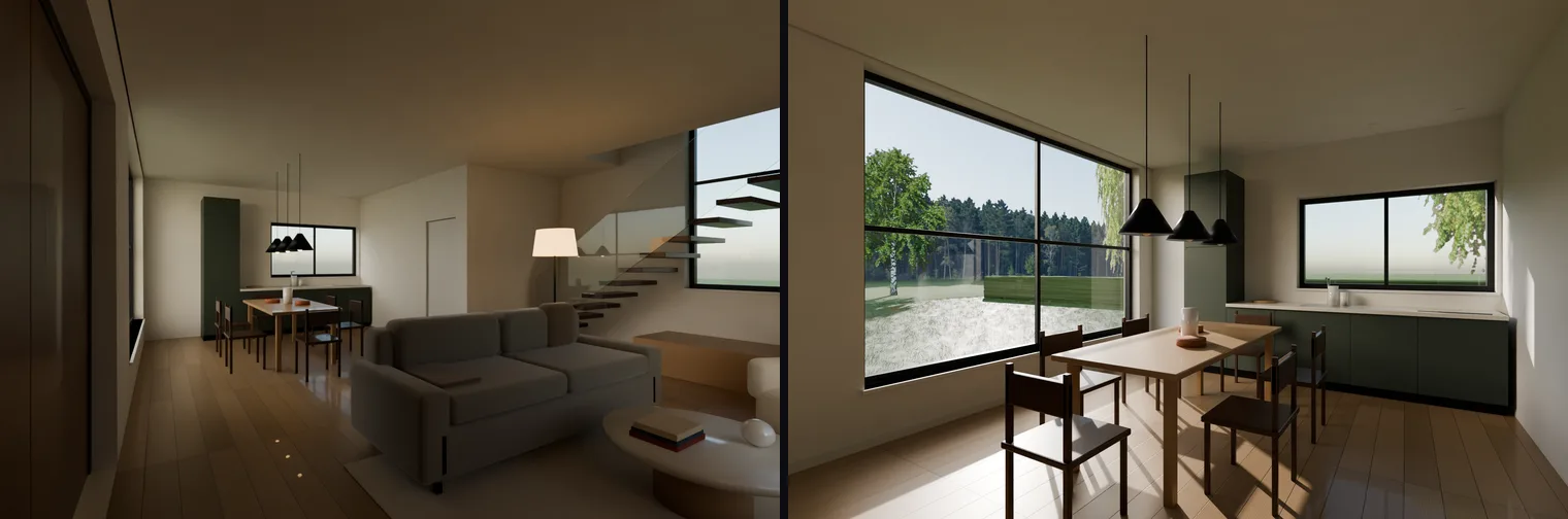 Left: an early interior render of the living room, dim and murky with bright specks on the floor. Right: the final dining and kitchen render, bright with sunlight on the oak floor, black pendants and a birch in the big window