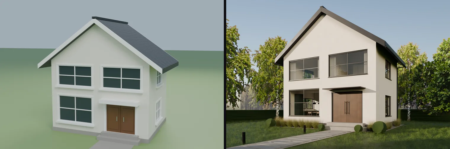 Left: an early grey-lawn massing model of the house with chunky white trim and a downward-tilted camera. Right: the final golden-hour render with slim black frames, a planted garden, trees and a level camera