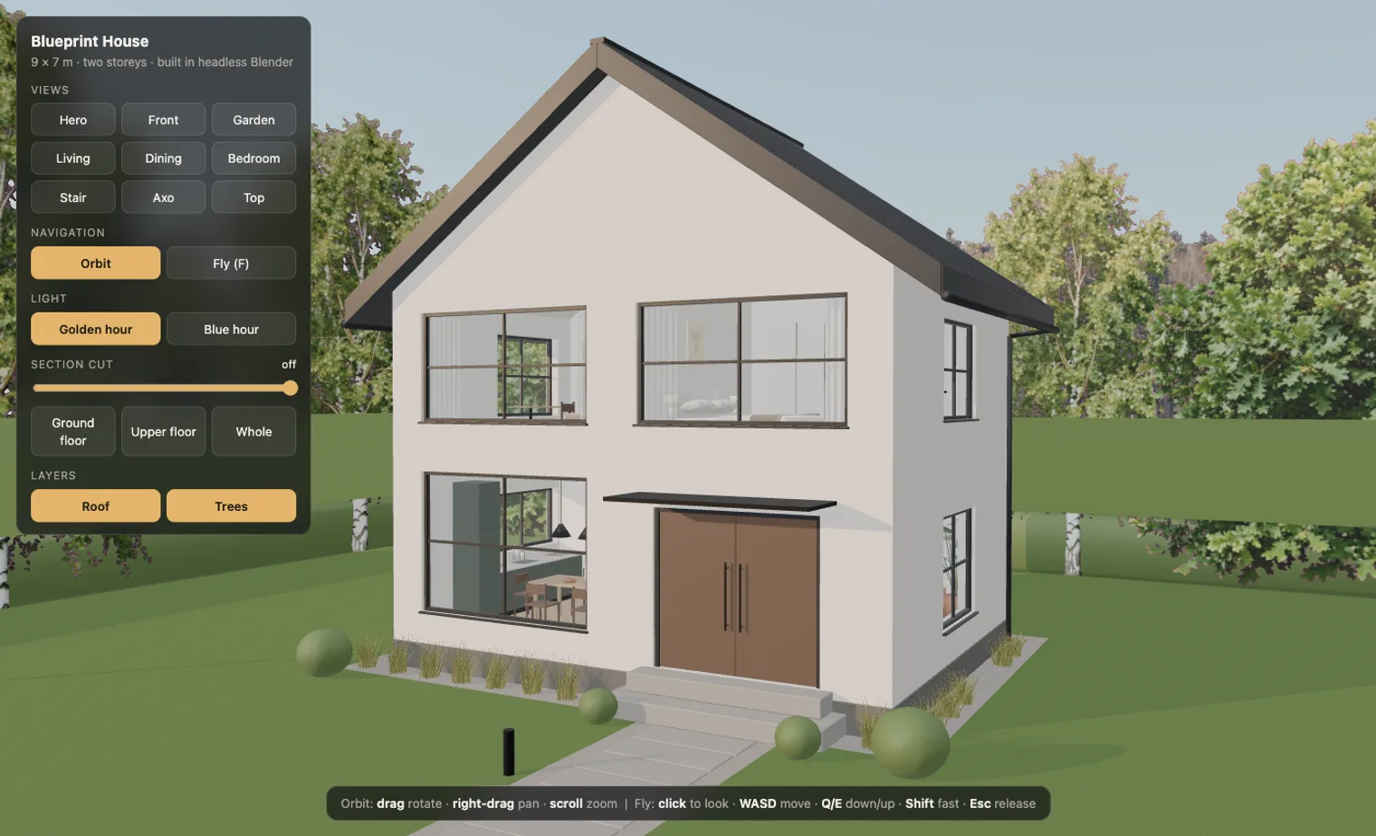 The interactive web viewer showing the house in a browser, with a panel of preset views, golden-hour and blue-hour lighting, a section-cut slider and layer toggles
