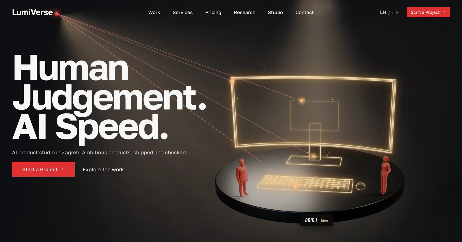 The homepage hero mid-trace: four beams from the logo dot drawing an ultrawide workstation in gold lines