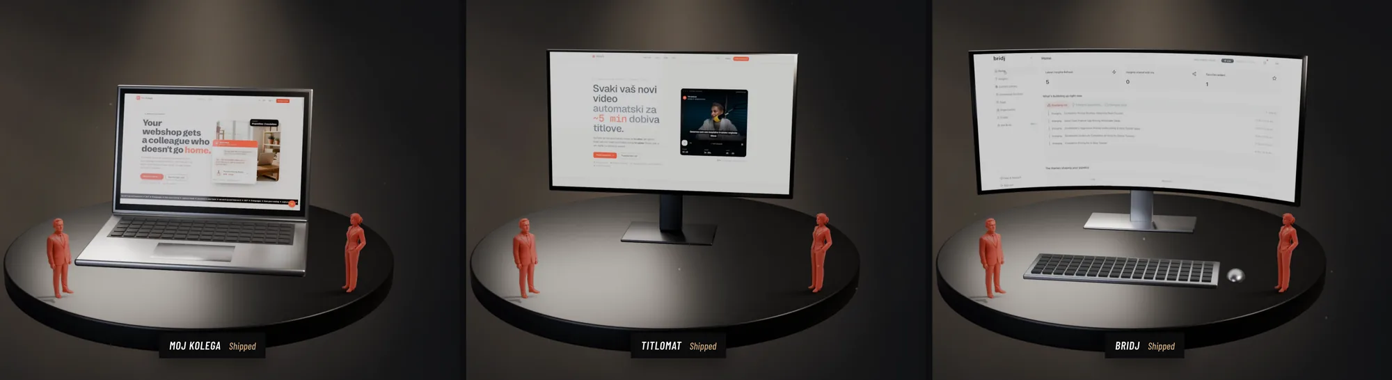 Three exhibits on the plinth: a laptop showing Moj Kolega, a monitor showing Titlomat, and a curved ultrawide showing the Bridj dashboard