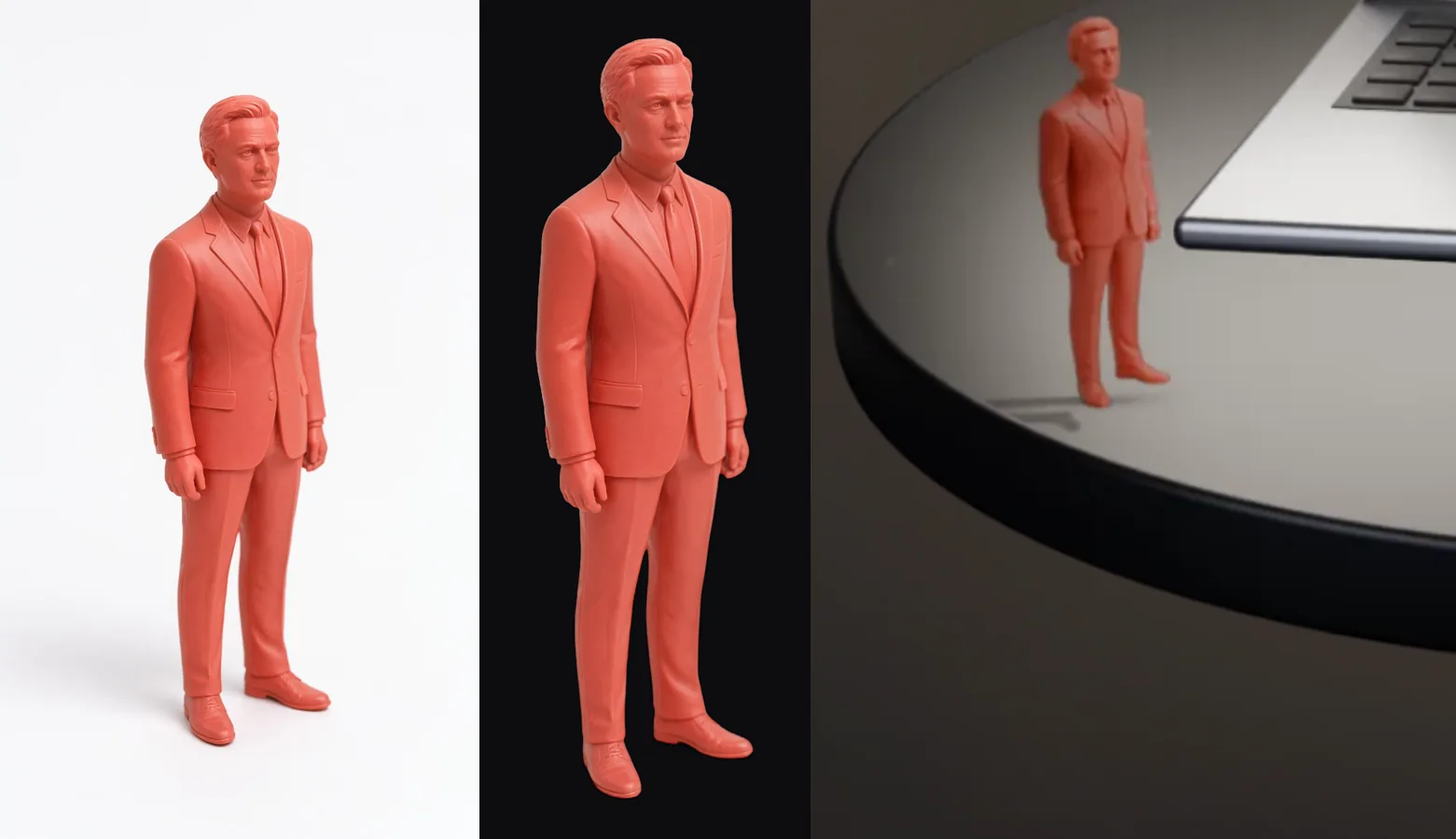 A generated photo of a coral resin figurine, the same figure cut out on black, and the figure standing on the plinth in the final render