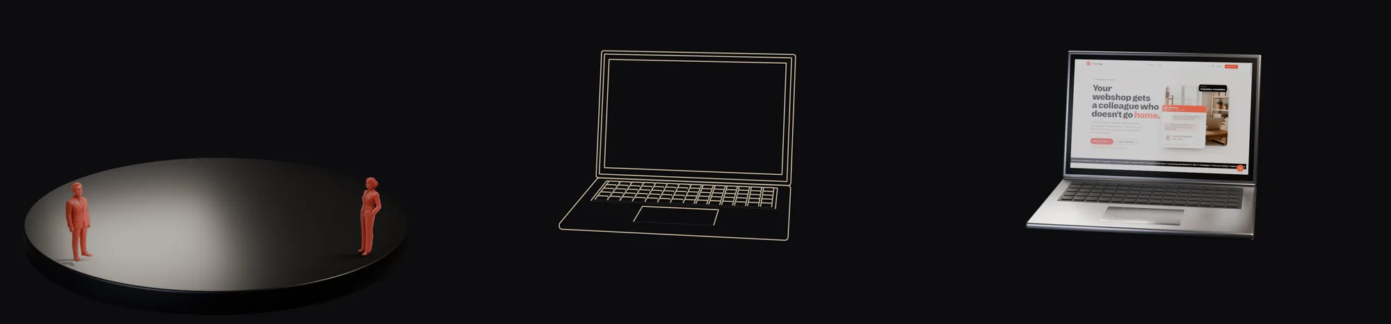 Three render layers side by side: the plinth with figures, a gold laptop wireframe, and the solid laptop showing Moj Kolega