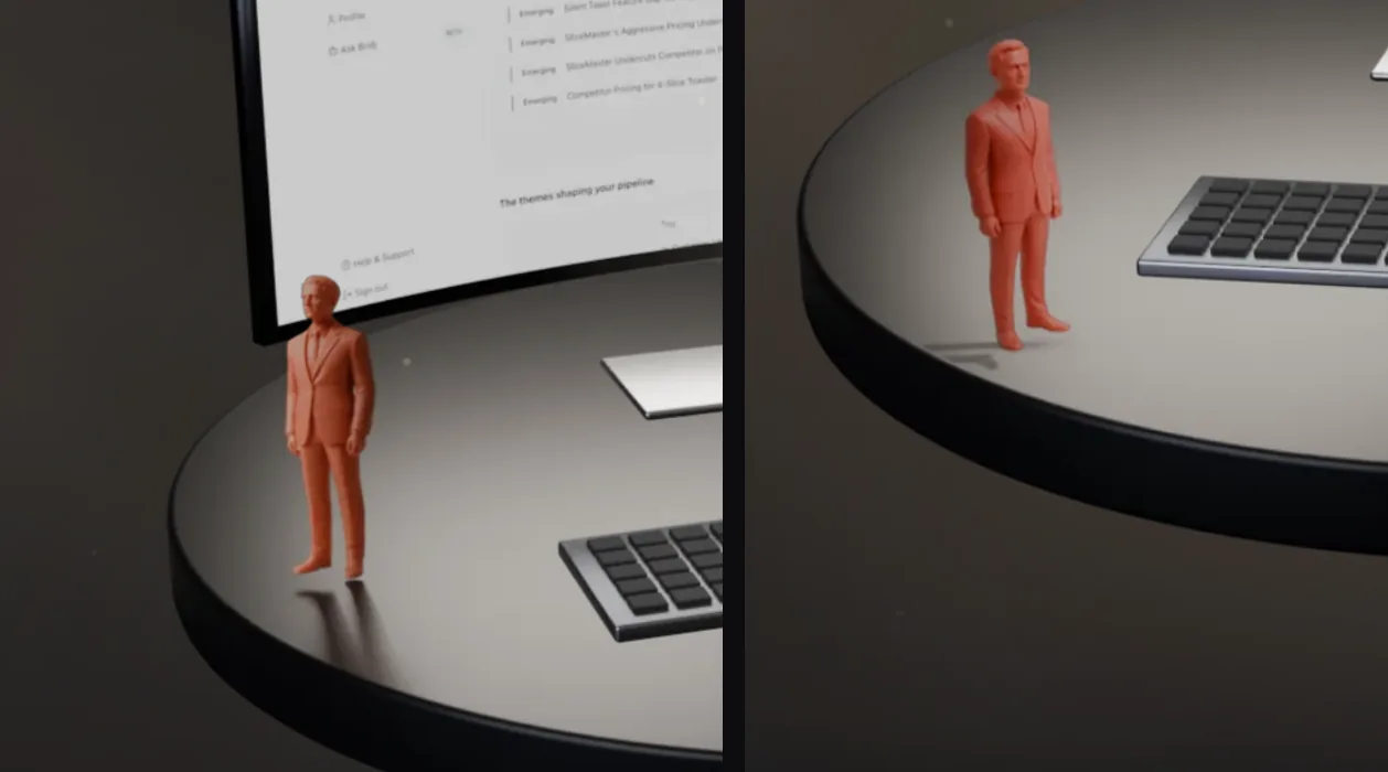 Before and after: the figure hovering with a detached dark reflection, and the same figure grounded with a soft shadow falling toward the rim
