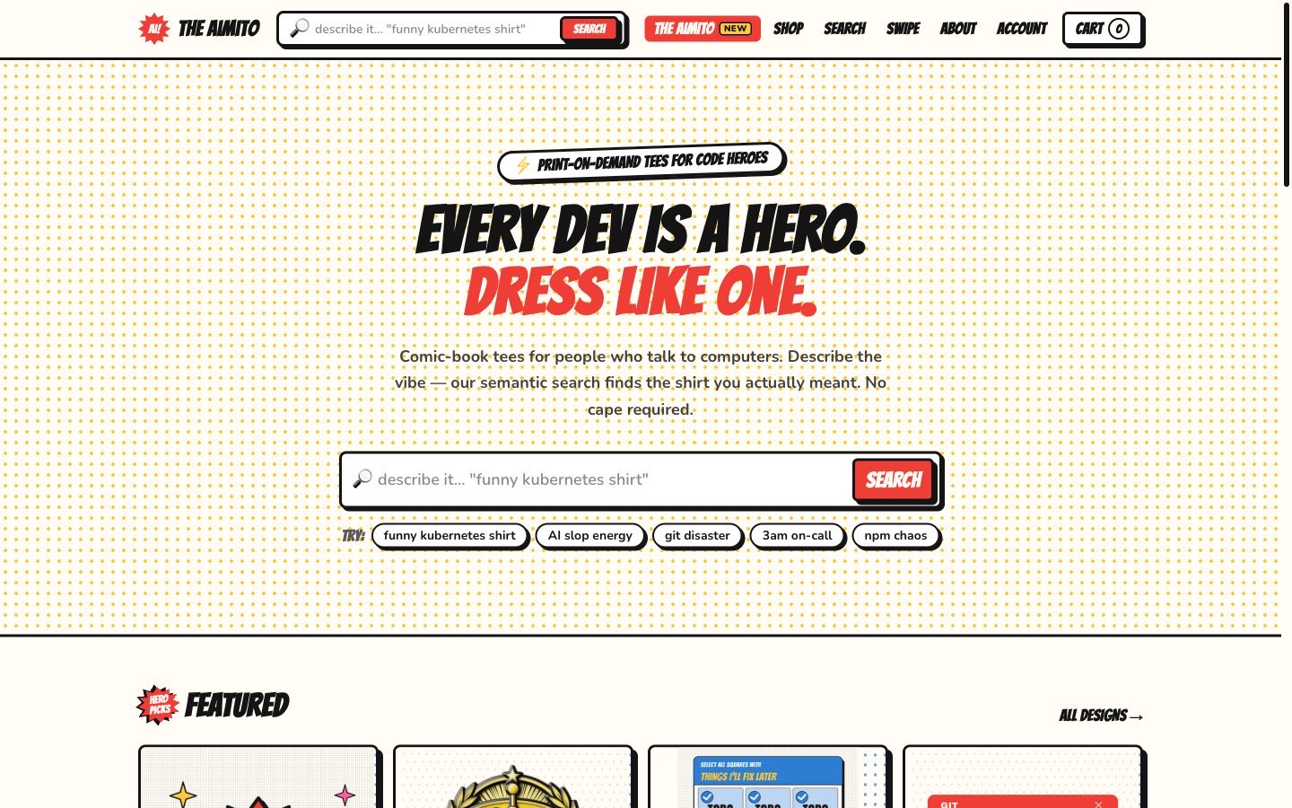 The Aimito storefront - every dev is a hero, dress like one - with the vibe search bar