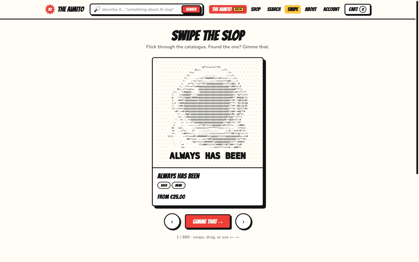 Swipe the Slop - flicking through the 889-design catalogue one card at a time
