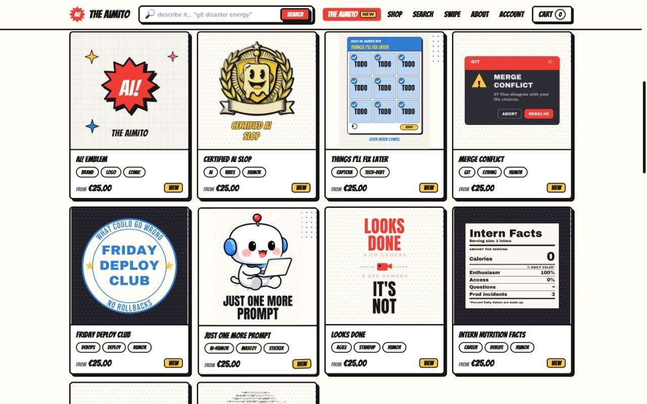 A grid of Aimito designs - certification badges, captcha grids, error dialogs, mascot stickers and nutrition-facts labels