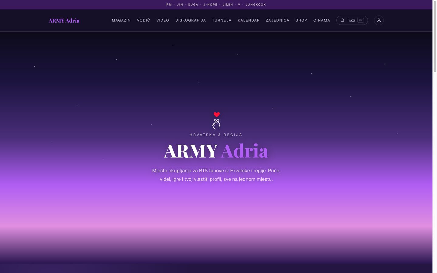 ARMY Adria homepage - a purple night-sky hero for BTS fans from Croatia and the region