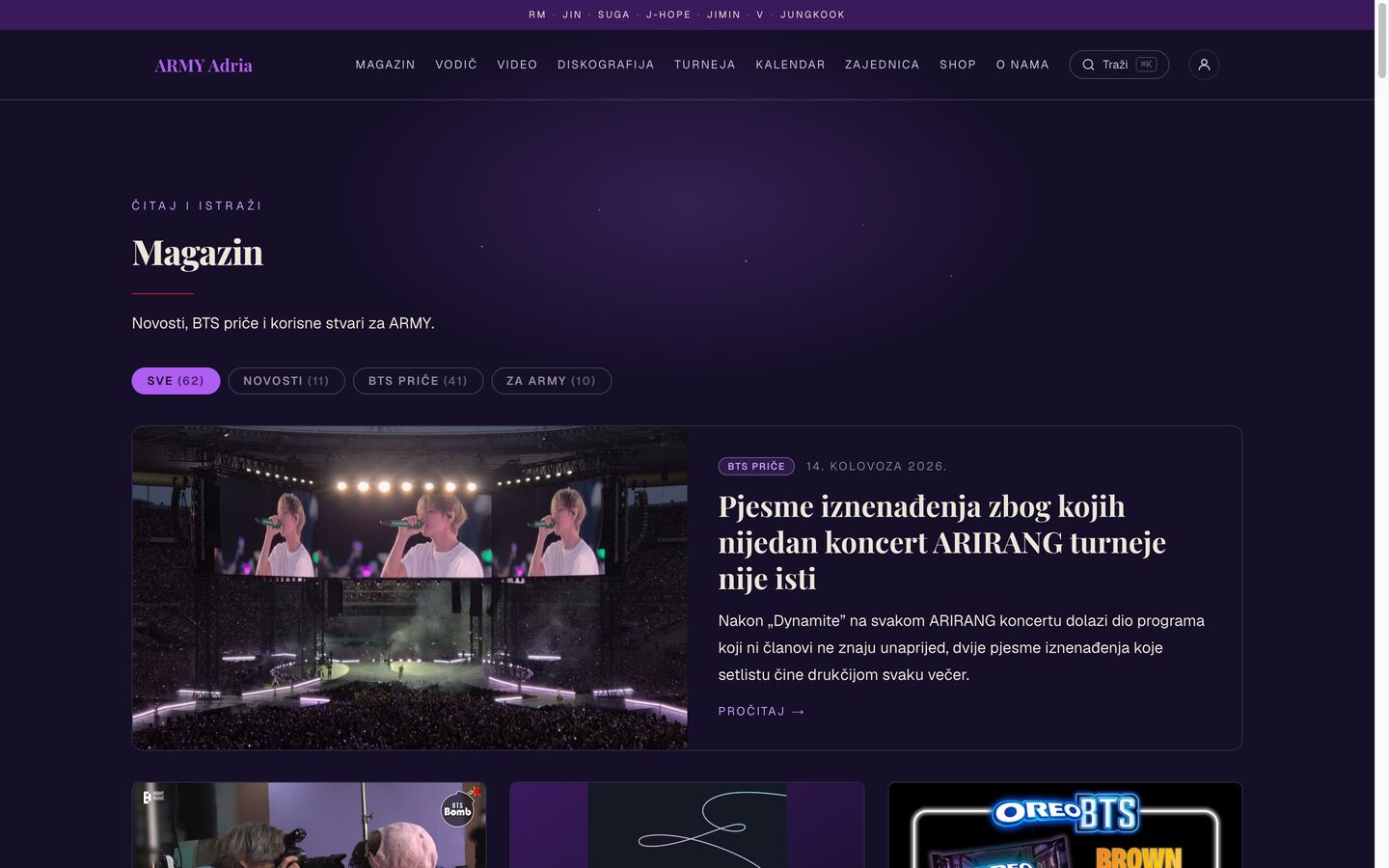 The Magazin section - an editorial grid of original Croatian BTS articles with category filters