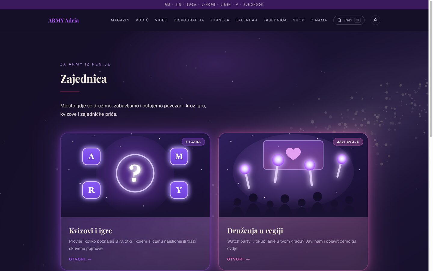 The Zajednica community hub with custom illustrated cards for games and regional meetups