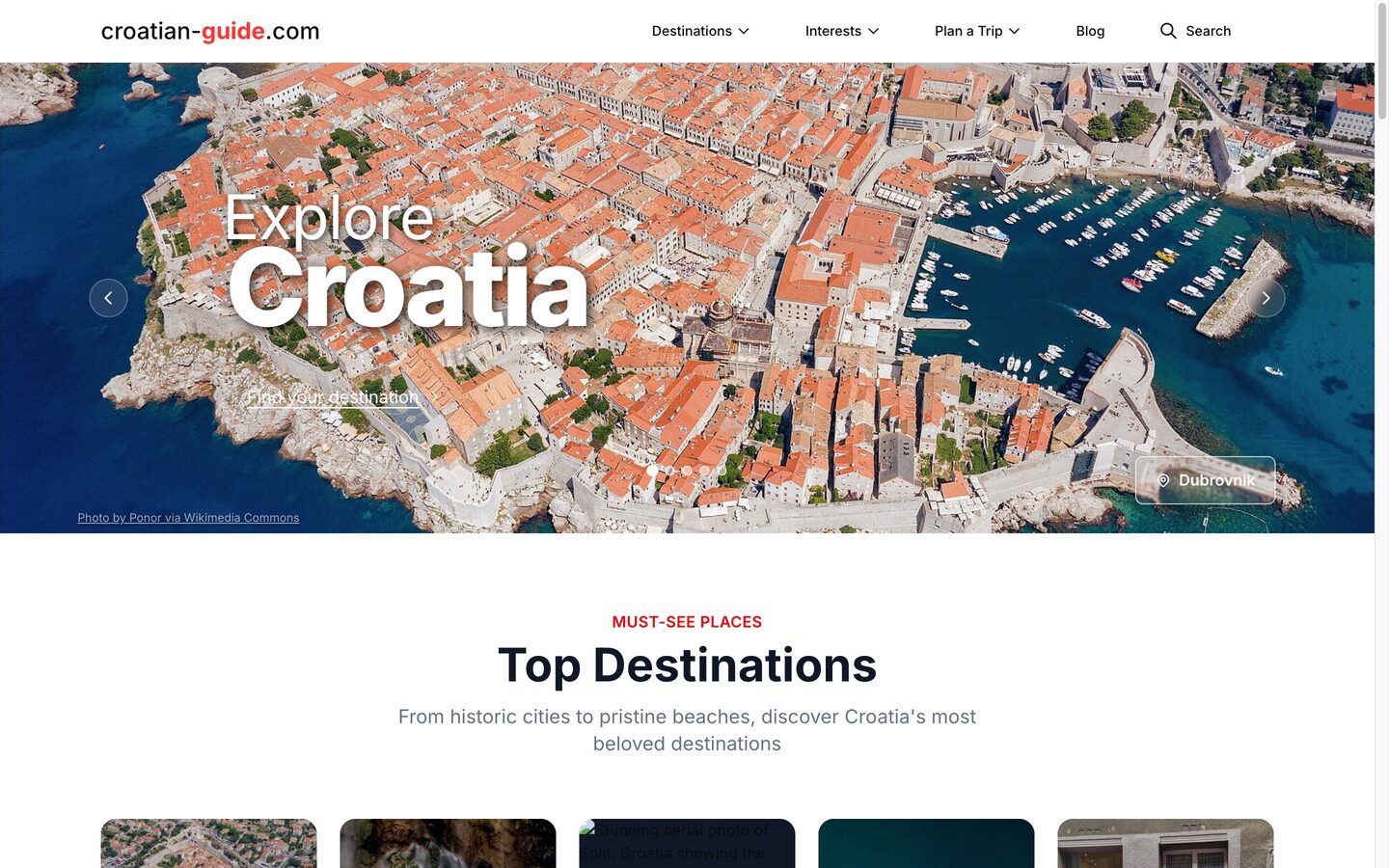 croatian-guide.com homepage - an Explore Croatia hero over aerial Dubrovnik, with Top Destinations below