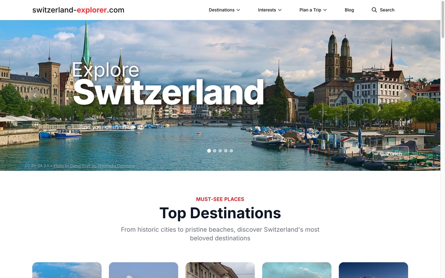 switzerland-explorer.com - the same platform rebranded for Switzerland, hero over Zurich