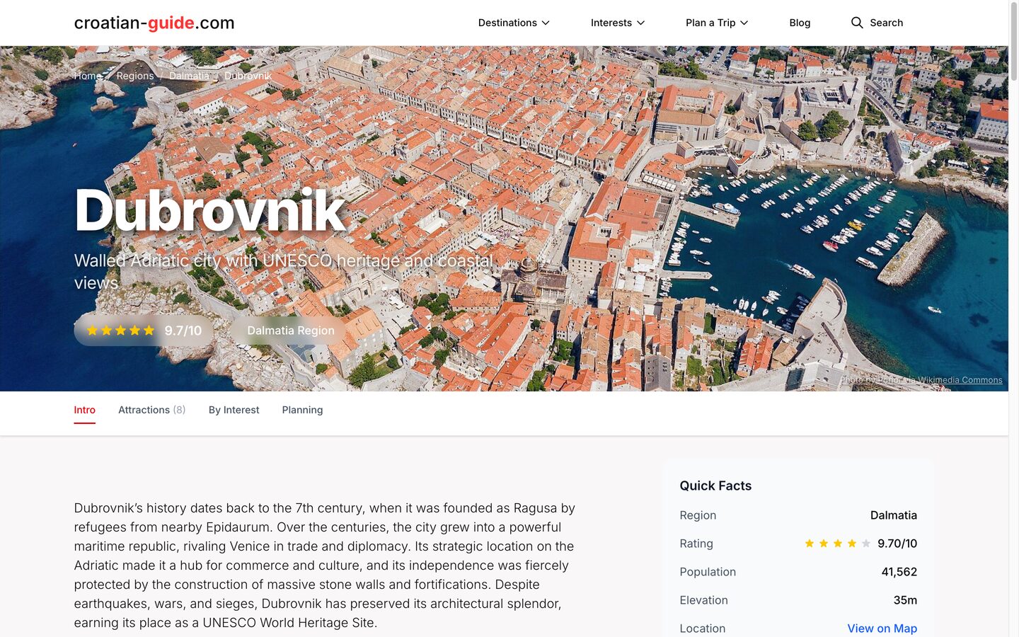 A generated Dubrovnik destination page - rating, region, tabbed attractions and quick facts