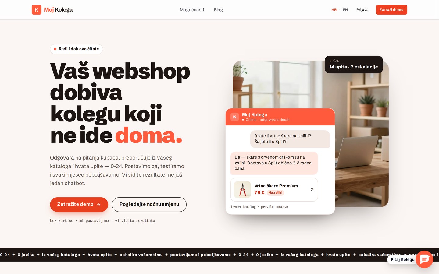 mojkolega.hr - naslovnica Mog Kolege, agent odgovara na stvarno pitanje iz kataloga u ugrađenom chat widgetu