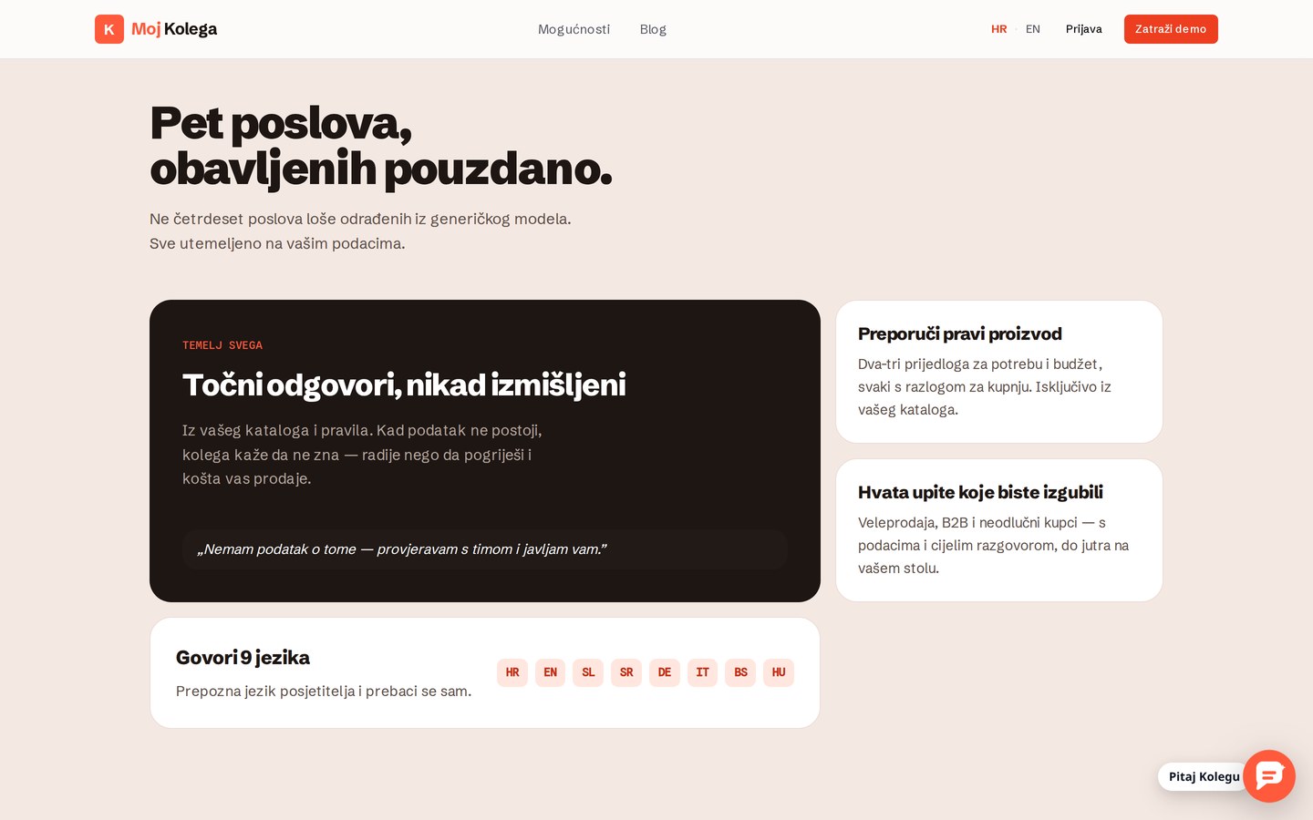 Pet poslova koje Moj Kolega obavlja - utemeljeni odgovori, preporuke, prikupljanje upita i devet jezika, sve iz podataka same trgovine