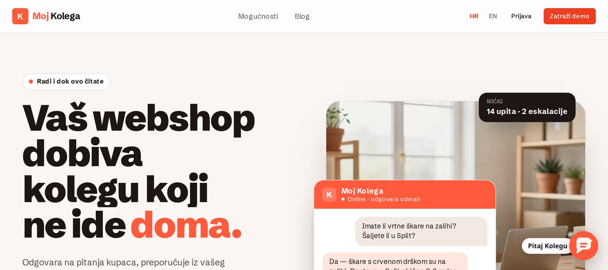 mojkolega.hr - Moj Kolega odgovara na pitanje kupca u ugrađenom chat widgetu, utemeljeno na katalogu trgovine