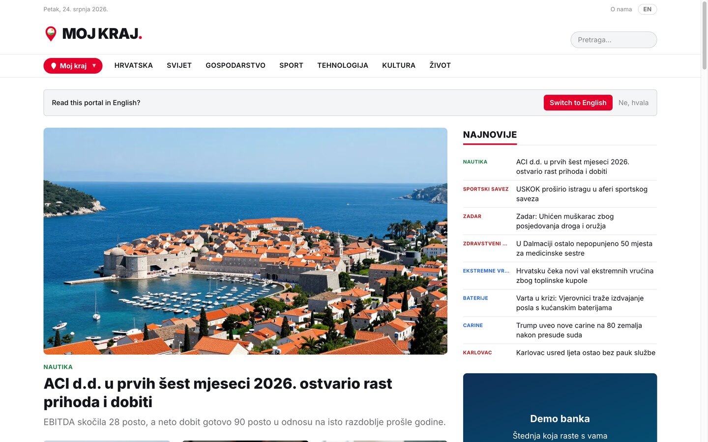 Naslovnica MOJ KRAJ. - smiren hrvatski news portal kojemu je sadržaj na prvom mjestu