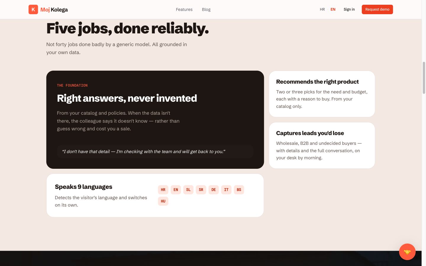 The five jobs Moj Kolega does - grounded answers, recommendations, lead capture and nine languages, all from the shop's own data