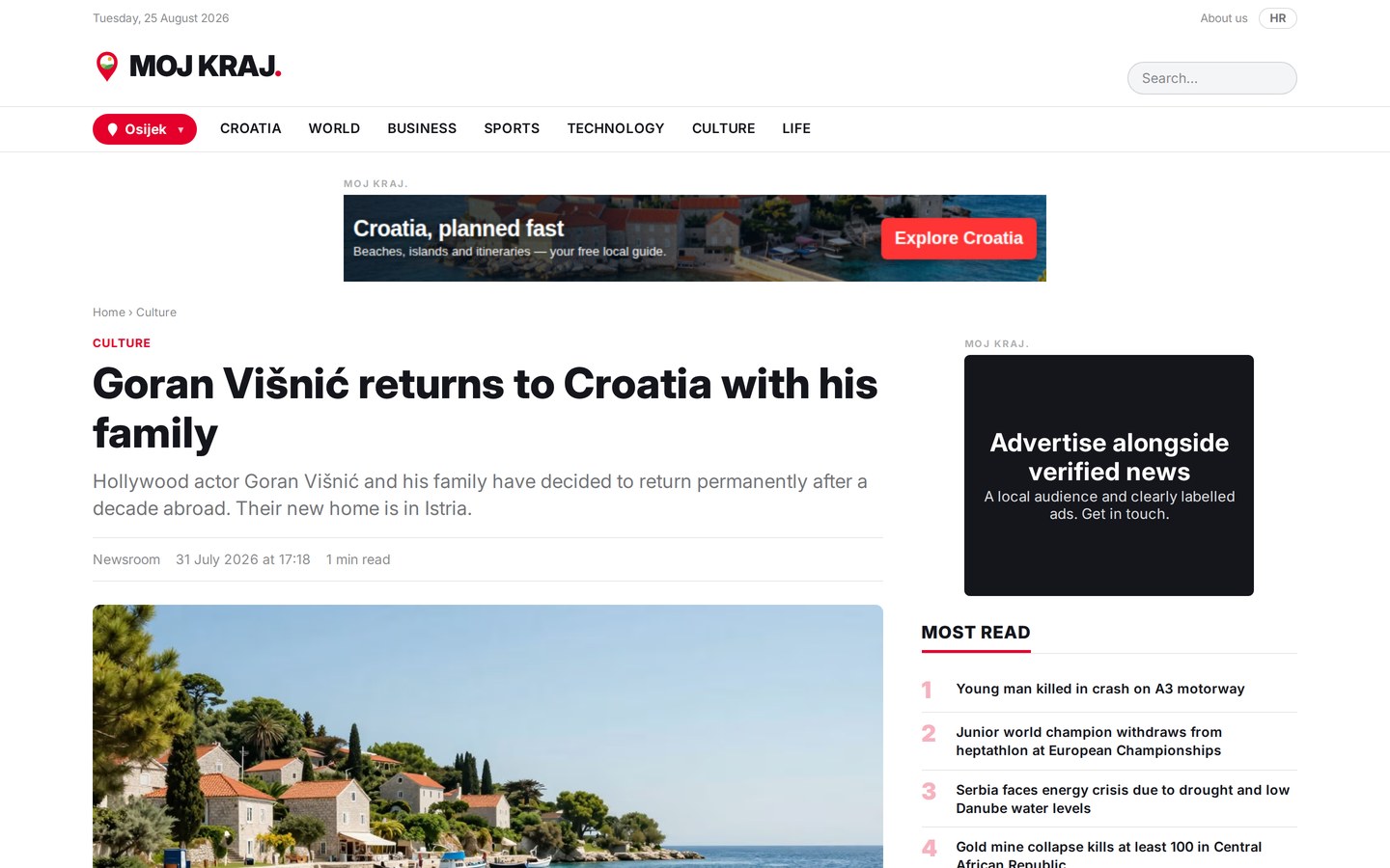 A MOJ KRAJ. article in the English mirror - headline, standfirst, byline and lead image