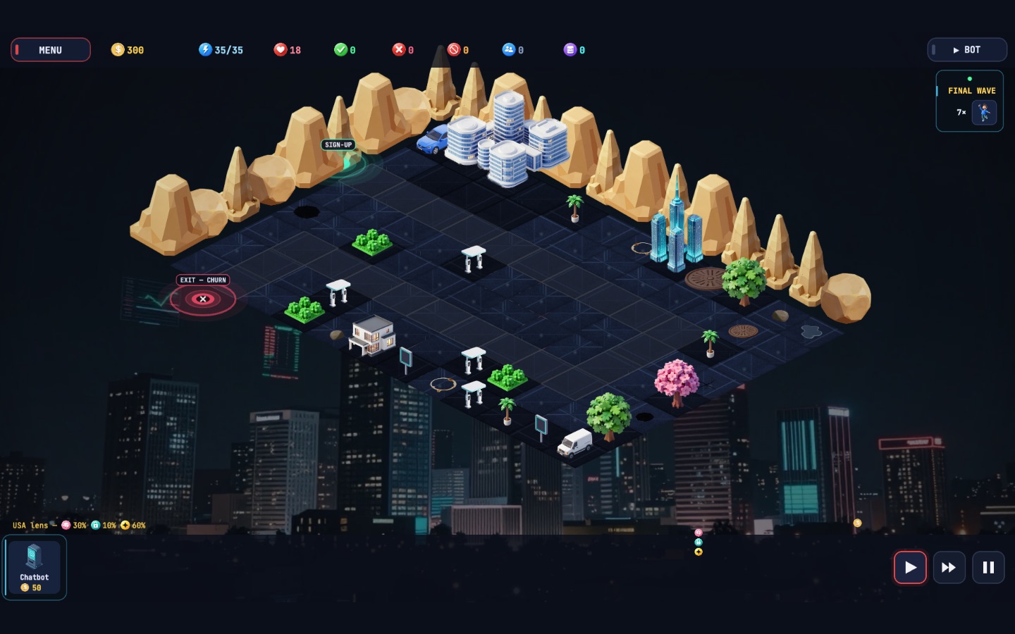Overserved gameplay - the isometric serve funnel from Sign-Up to Exit, with generated decor and the tower palette