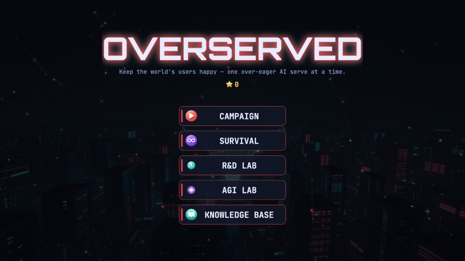 Overserved main menu showing campaign, survival, R&D lab, AGI lab and knowledge base modes