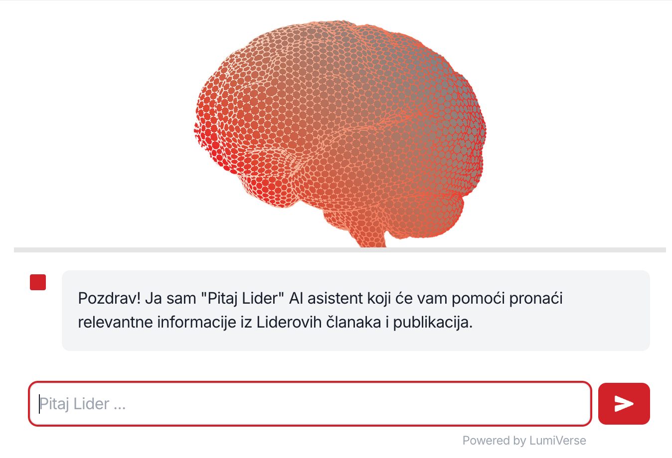 Pitaj Lider AI Assistant interface showing natural language query processing, data analysis, and business intelligence features