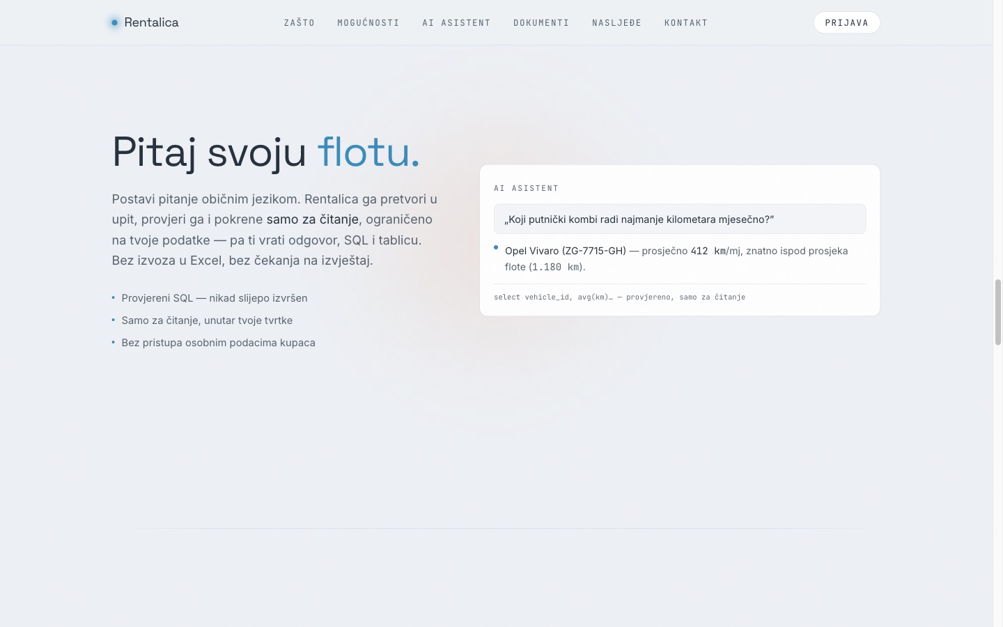 Rentalica AI assistant answering a fleet question in Croatian, with the verified read-only SQL shown
