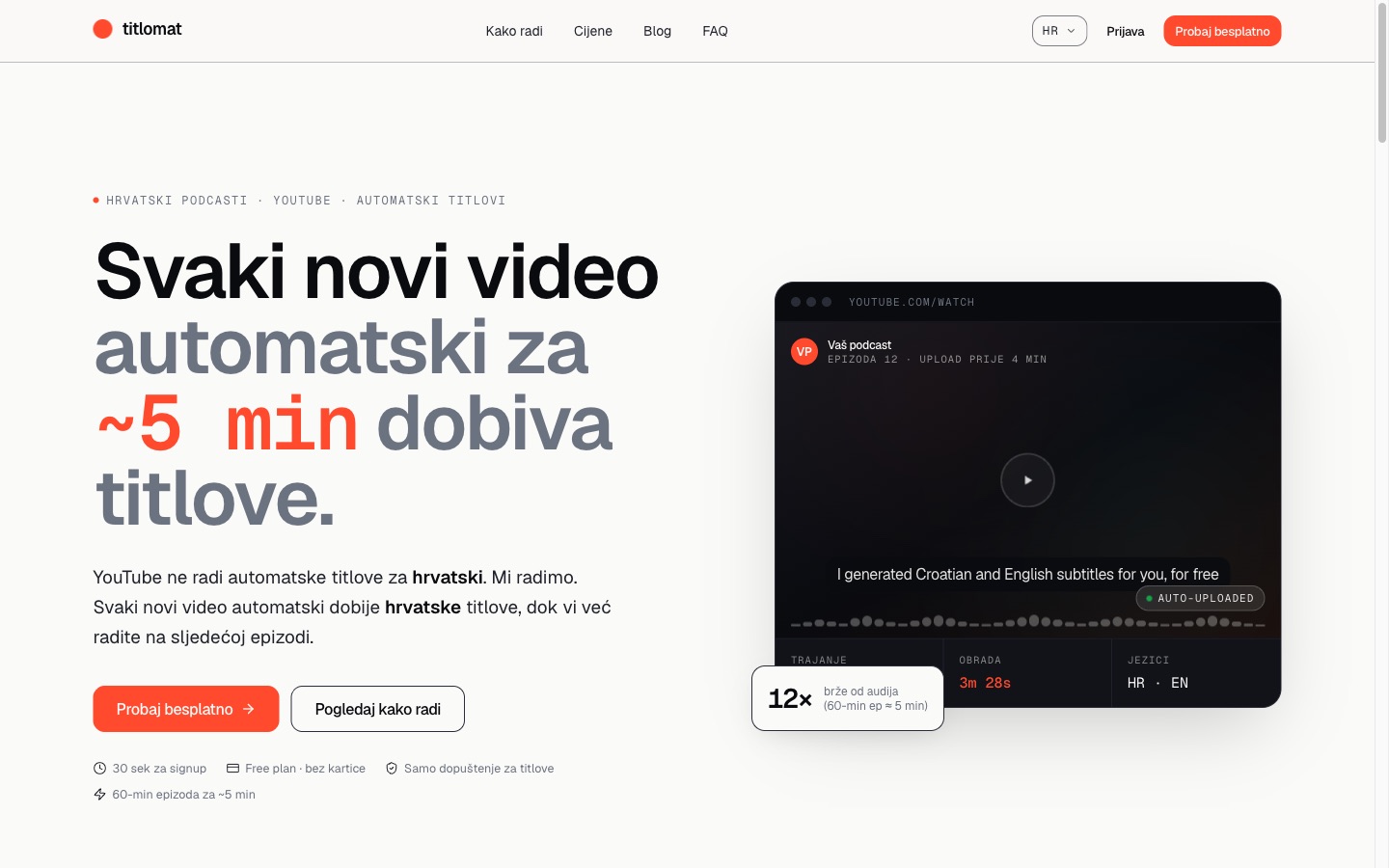 Titlomat landing page - automatic Croatian and English subtitles for YouTube