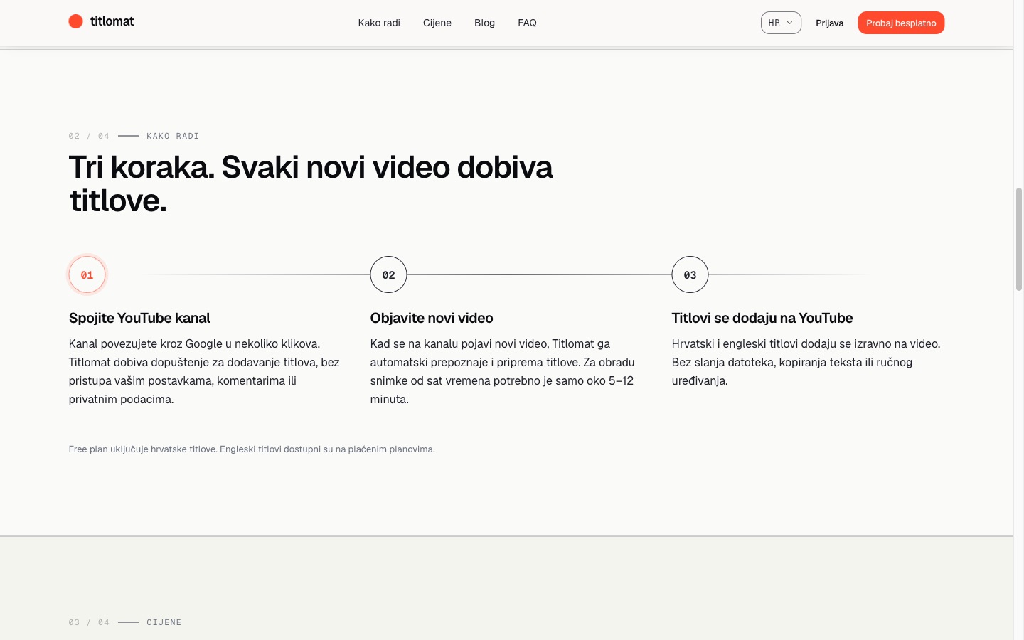 Titlomat's three-step flow: connect the channel, publish a video, subtitles are added on YouTube