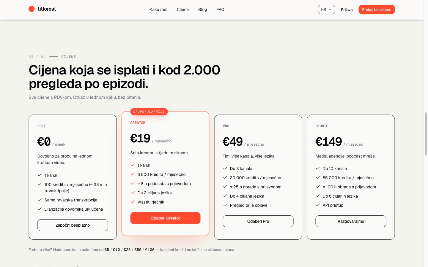 Titlomat pricing - Free, Creator, Pro and Studio credit plans